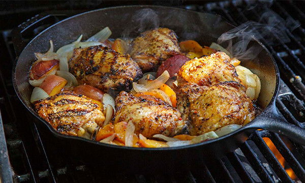Cast Iron Brown Sugar Bourbon Chicken Thighs with Peaches